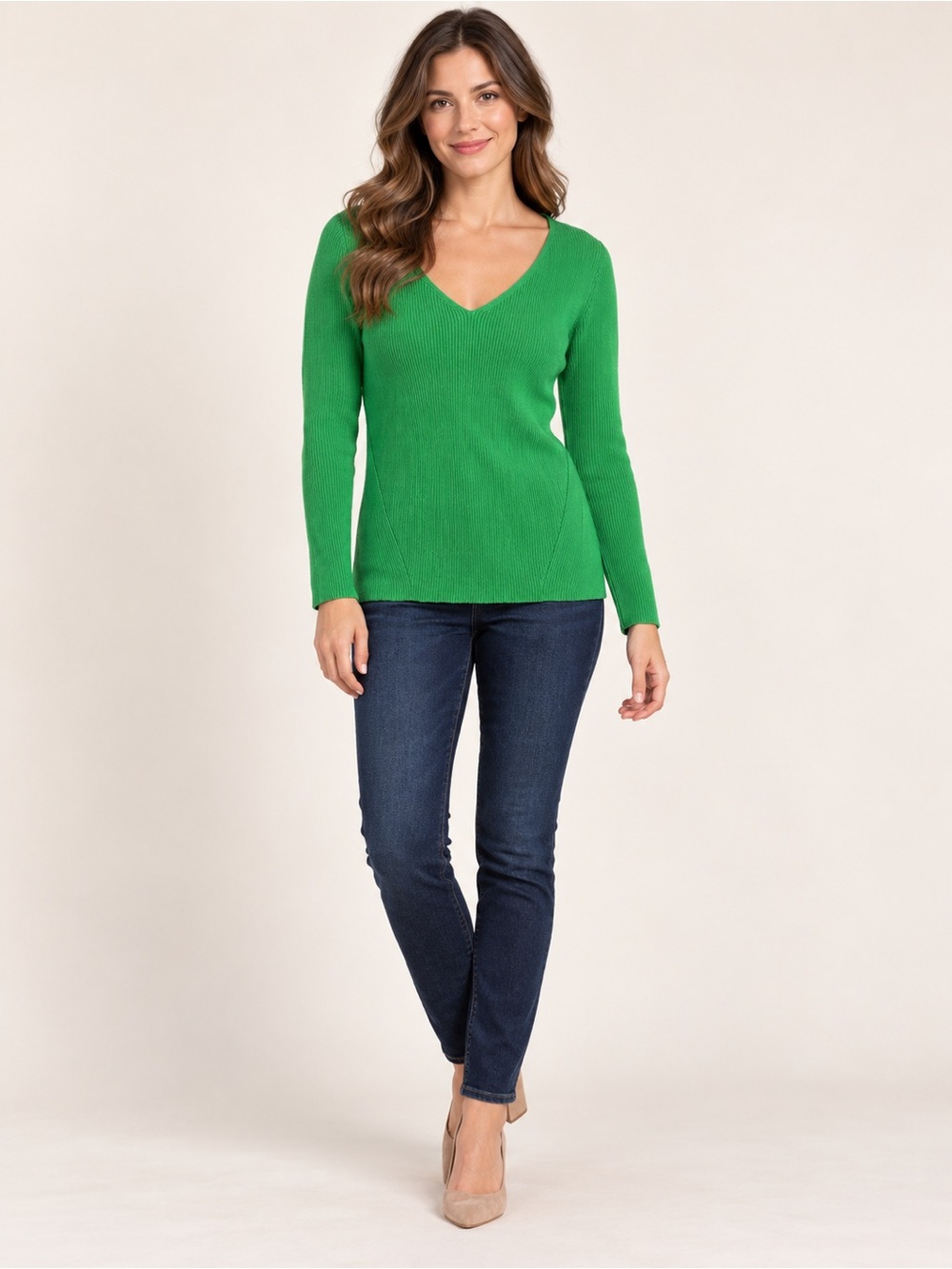 Liz Claiborne Green Ribbed V-Neck Cotton Sweater Pullover Women’s Size Large